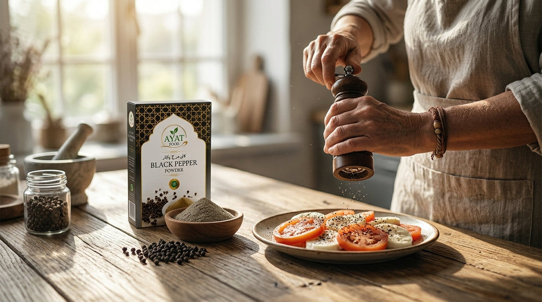 Black pepper being freshly ground over a tomato and mozzarella plate