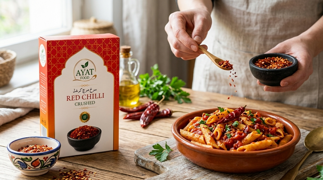 Crushed red chilli being sprinkled over a bowl of spicy tomato penne pasta