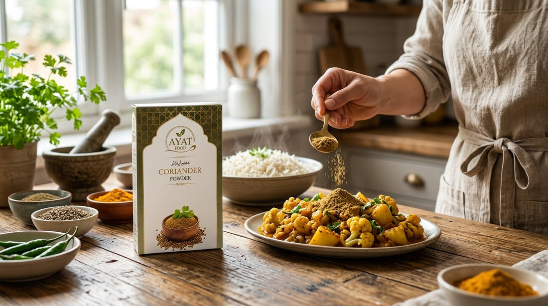 Coriander powder being sprinkled over a plate of cauliflower and potato curry with rice