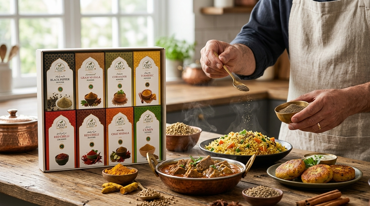 Ayat Food Masala Box spice collection with a variety of dishes on a kitchen table