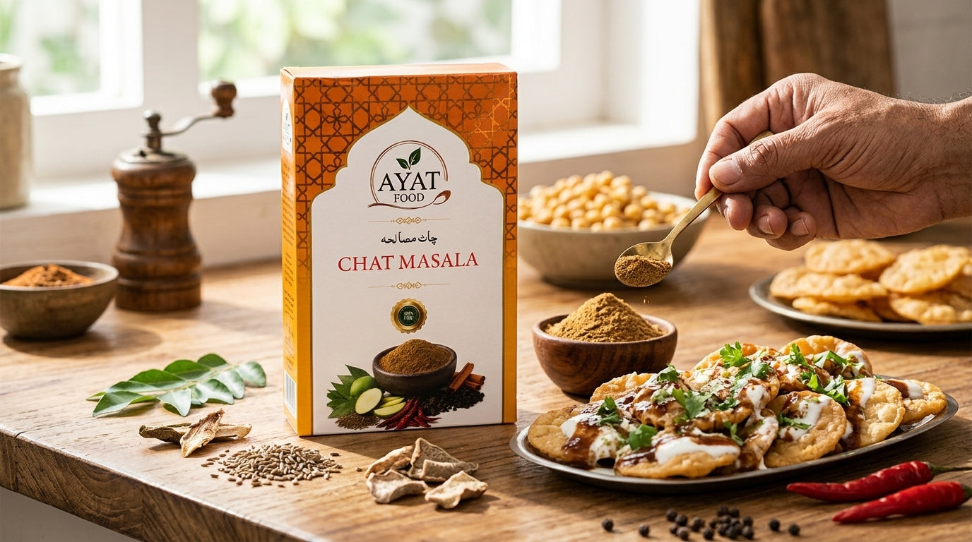 Chat masala being sprinkled over a plate of golani chaat snacks