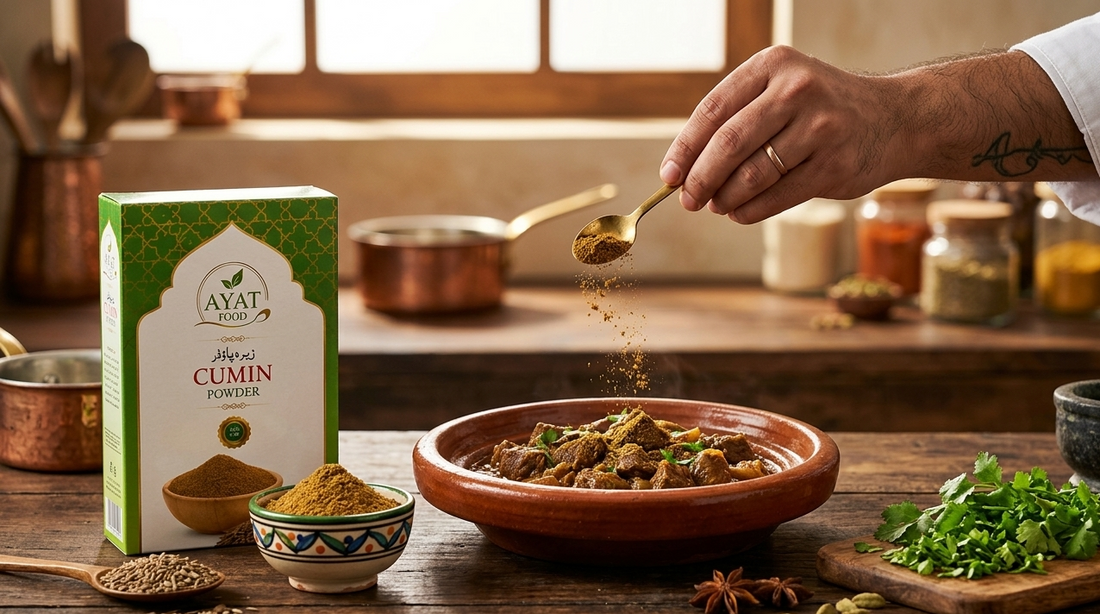 Cumin powder being sprinkled over a steaming tagine dish