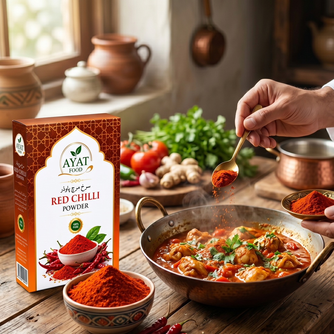 Red chilli powder being sprinkled over a steaming chicken curry