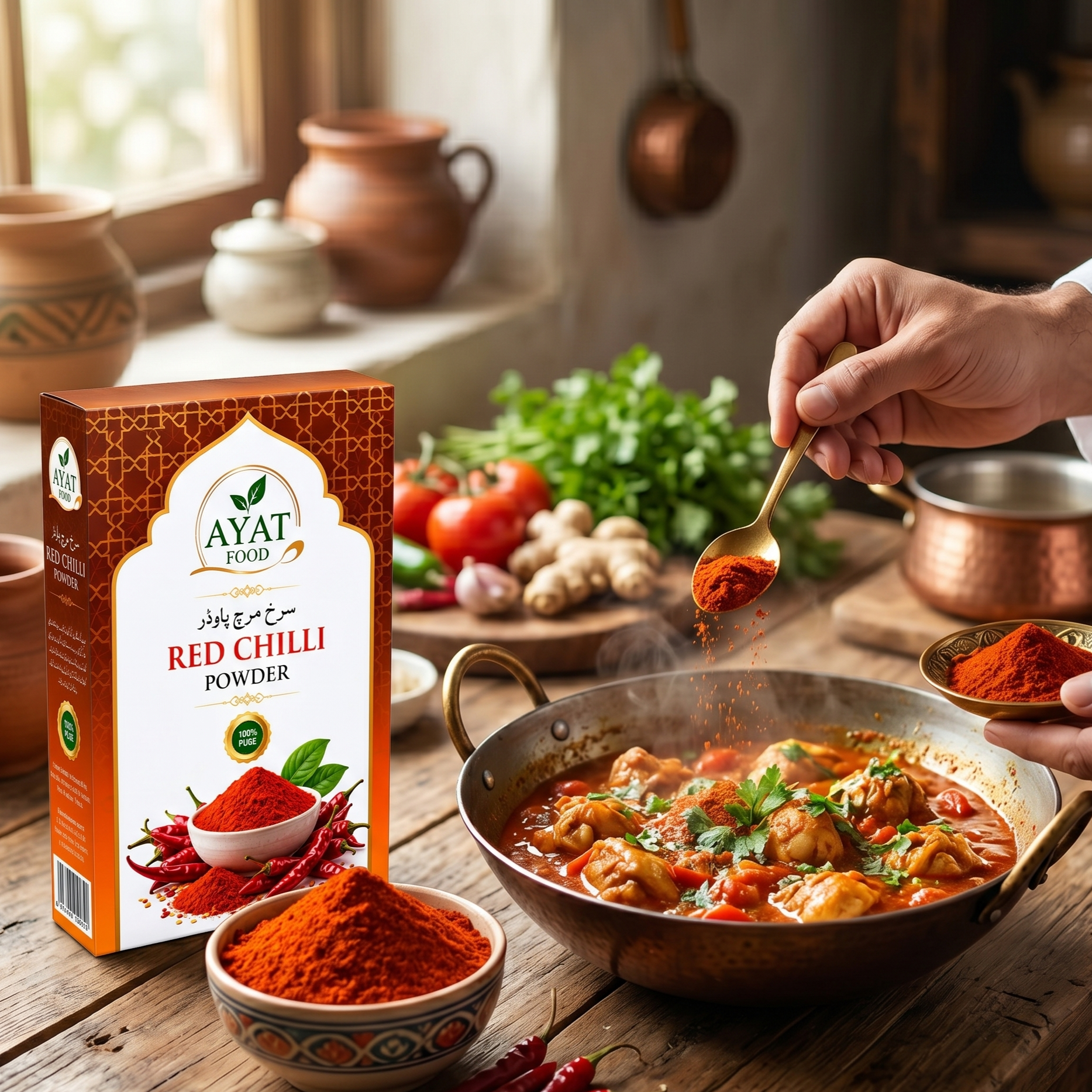 Red chilli powder being sprinkled over a steaming chicken curry